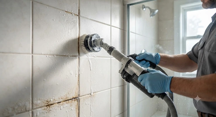 A powerful grout cleaning machine for hard water buildup removing stubborn mineral deposits on a tiled shower wall.