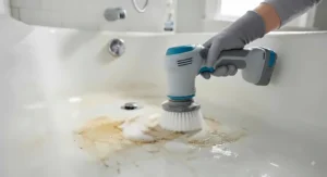 A close-up of a handheld power scrubber brush head scrubbing a tough yellow stain in a fiberglass tub.