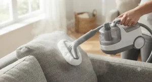 Close-up of a handheld steam cleaner equipped with a specialized upholstery nozzle attachment.
