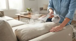 A powerful handheld steamer freshening up living room sofa upholstery and fabric cushions.