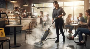 An employee using a heavy-duty commercial-grade steam mop for small businesses in a busy cafe.
