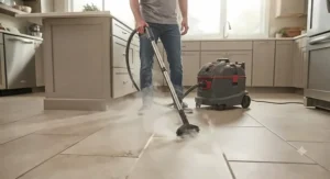 Using a professional steam cleaner for deep cleaning kitchen tile and grout lines