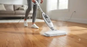 Demonstration of how to safely guide an electric steam mop across residential hardwood flooring.