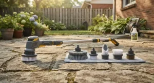 Tile scrubber for outdoor patios shown alongside various interchangeable cleaning brush heads