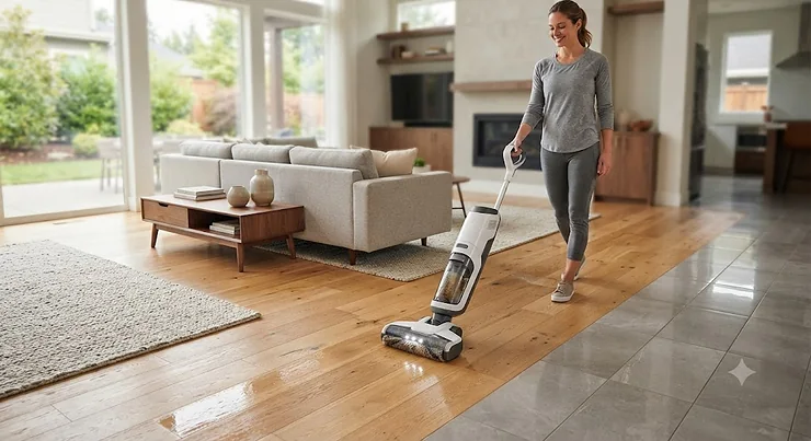 A multi-surface cleaning machine for hardwood and tile operating smoothly across a gleaming living room floor.