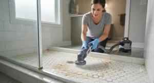 A homeowner using a specialized grout cleaning machine for hard water buildup on a tiled shower pan.