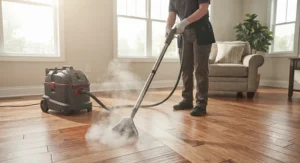 An operator utilizing a professional steam cleaner for deep cleaning sealed hardwood floors