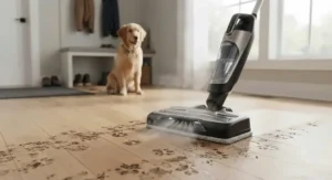A 2-in-1 steam mop and vacuum combo effectively cleaning up muddy paw prints from hard flooring.