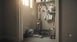 A compact commercial-grade steam mop for small businesses stored in a utility closet.