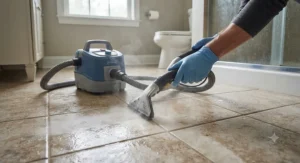 A compact portable grout cleaning machine for hard water buildup cleaning bathroom floor grout lines.