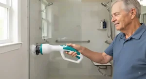 A portable, rechargeable bathroom cleaning machine designed to reduce physical effort for seniors cleaning their home.