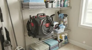 A compact and portable professional steam cleaner for deep cleaning stored neatly in a utility closet