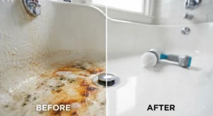 Before and after comparison showing a stained bathtub surface transformed after using a motorized power scrubber.