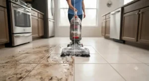 Before and after comparison showing the effectiveness of a residential tile and grout cleaning machine.