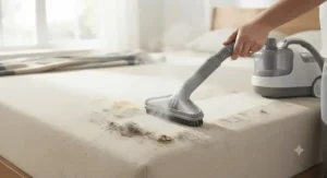 Demonstrating how a steam cleaner with attachments for upholstery removes pet hair from a mattress.