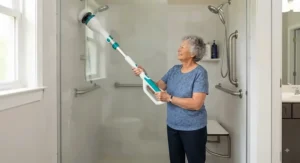 A senior woman using a telescoping bathroom cleaning machine to reach high tiles in a walk-in shower safely.