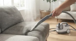 Using a crevice tool attachment on a steam cleaner to reach tight gaps in upholstered furniture.