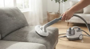 A fabric brush attachment attached to a steam cleaner for gentle upholstery cleaning.