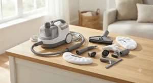 A complete kit of a steam cleaner with attachments for upholstery laid out neatly.