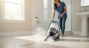 Modern steam-powered tile and grout cleaning machine effectively sanitizing bathroom floor grout.