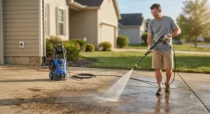 An American suburban homeowner washing their concrete driveway using an electric pressure washer on a sunny afternoon.