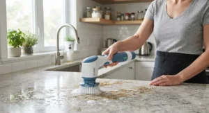 A person using a rechargeable cordless spin scrubber to wipe down kitchen countertops.