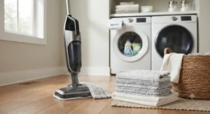 Washable microfiber mop pads laid out next to a 2-in-1 steam mop and vacuum combo ready for laundry.