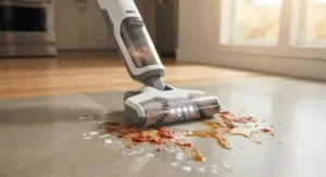 A wet dry multi-surface cleaning machine for hardwood and tile washing away sticky kitchen messes.
