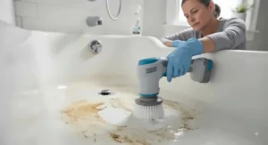 A homeowner using a rechargeable wireless power scrubber to clean mildew and grime off a bathtub floor.