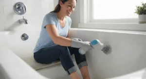 A smiling person comfortably cleaning a deep soaking bathtub using an ergonomic electric power scrubber.