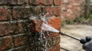 Operating a 4000 PSI gas pressure washer for heavy-duty cleaning on stained exterior brick siding