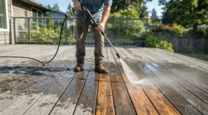 A 4000 PSI gas pressure washer for heavy-duty cleaning restoring an old weathered wooden deck