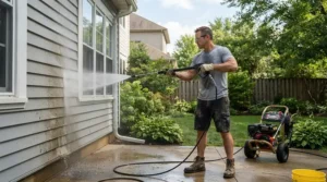 Using a 4000 PSI gas pressure washer for heavy-duty cleaning to wash grime off house vinyl siding