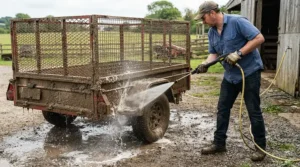 A 4000 PSI gas pressure washer for heavy-duty cleaning mud off a large utility trailer