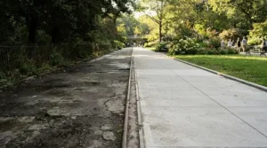Dramatic transformation shown by a 5000 PSI gas pressure washer for concrete cleaning on a stained path.
