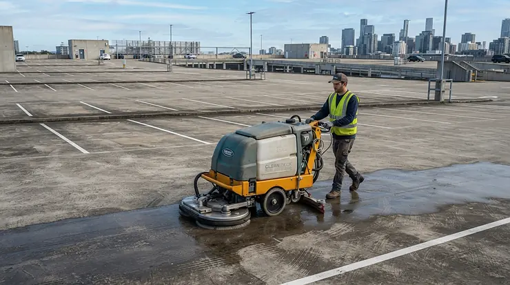 A 5000 PSI gas pressure washer for concrete cleaning tackling a large commercial parking lot.