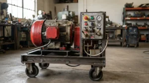 Close-up of a 5000 PSI gas pressure washer for concrete cleaning showcasing its heavy-duty combustion engine.
