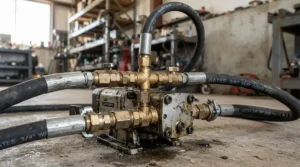 The industrial-grade pump assembly of a 5000 PSI gas pressure washer for concrete cleaning.