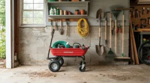 A 5000 PSI gas pressure washer for concrete cleaning parked neatly inside a suburban garage.