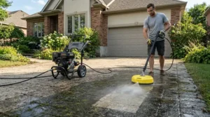 A 5000 PSI gas pressure washer for concrete cleaning operating a rotary surface attachment on a residential driveway.