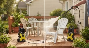 An illustration comparing dirty versus clean patio furniture using a light-duty electric pressure washer.