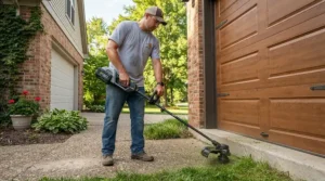 Using a cordless car washer with water tank for driveway washing near the garage