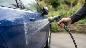 Close-up view of tank-fed nozzles on a car washer with water tank for driveway washing during a routine vehicle wash.