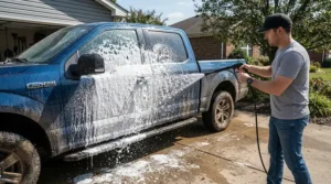 Foam application using a car washer with water tank for driveway washing on a dusty pickup truck.