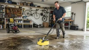 A heavy-duty electric pressure washer for concrete deep cleaning a dirty two-car garage floor.