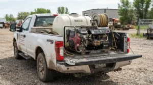 A powerful gas pressure washer unit loaded on a service truck for professional contractors
