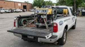 A commercial gas pressure washer for contractors securely loaded in the back of a service truck.