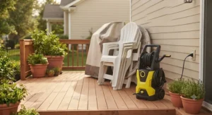 Illustration of a compact light-duty electric pressure washer sitting neatly next to stored patio furniture.