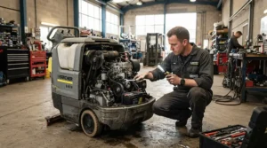 A technician performing routine maintenance on a commercial gas pressure washer for contractors in a workshop.