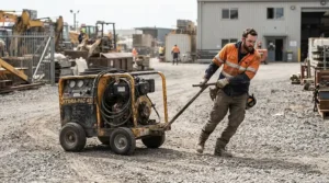 A contractor wheeling a commercial gas pressure washer across a gravel job site.